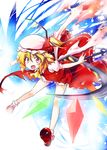  absurdres blonde_hair dress fang flandre_scarlet hat highres kiku_hitomoji long_hair looking_at_viewer open_mouth red_dress red_eyes side_ponytail slit_pupils solo torn_clothes touhou wings 