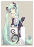  bad_id bad_pixiv_id boots green_eyes green_hair hatsune_miku highres long_hair necktie shiitake_(mm0820) simple_background sitting skirt solo speaker thigh_boots thighhighs twintails very_long_hair vocaloid 