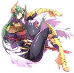  1boy androgynous ark_mateus armor boots cape daimaou_ark forehead_jewel gloves green_hair high_heel_boots high_heels horns kazutani_ninshi leg_lift long_hair male male_focus pointy_ears shinrabanshou shoes simple_background solo sword thighs trap wadani_hitonori weapon white_background white_gloves wings yellow_eyes 