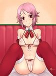  bare_shoulders bikini blush breasts collarbone dan_(kumadan) detached_collar front-tie_top hair_ornament lisbeth looking_at_viewer navel nipples pink_hair red_eyes red_legwear see-through shiny shiny_skin sitting small_breasts smile solo swimsuit sword_art_online thighhighs white_bikini 