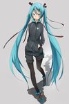  aqua_eyes aqua_hair fu-ta hair_ornament hair_ribbon hairclip hands_in_pockets hatsune_miku jacket long_hair pantyhose ribbon shorts simple_background solo track_jacket twintails very_long_hair vocaloid 