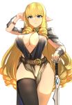  arm_guards bangs belt black_legwear black_vest blonde_hair blue_eyes breasts brown_skirt center_opening cleavage cowboy_shot curvy dantes_ward drill_hair elf erect_nipples eyebrows_visible_through_hair frown green_eyes highres large_breasts long_hair looking_at_viewer no_bra original pelvic_curtain pointy_ears revealing_clothes shoulder_armor simple_background single_thighhigh skirt solo standing sword thighhighs very_long_hair vest weapon white_background 