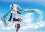  1girl :d arm_at_side bare_shoulders black_skirt blue_eyes blue_hair blue_nails blue_neckwear blue_sky blush cloud cloudy_sky day detached_sleeves eyebrows_visible_through_hair fingernails floating_hair hanako151 hand_in_hair hand_up happy hatsune_miku headset legs_up long_hair looking_at_viewer nail_polish necktie open_mouth outdoors see-through shirt skirt sky sleeveless sleeveless_shirt smile solo standing standing_on_one_leg thighhighs thighs twintails upper_body upper_teeth very_long_hair vocaloid white_shirt 