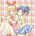  aikatsu! aikatsu!_(series) blonde_hair blue_eyes blue_hair blush bow chakkaman hair_ribbon hairband heart heart_hands hoshimiya_ichigo kiriya_aoi long_hair looking_at_viewer multiple_girls necktie open_mouth red_eyes ribbon school_uniform short_hair skirt smile wristband 