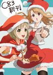  :d :o bad_id bad_pixiv_id bare_shoulders blonde_hair brown_eyes brown_hair fried_chicken green_eyes hat highres huang_baoling jewelry karina_lyle long_hair looking_at_viewer multiple_girls necklace open_mouth pointing santa_costume santa_hat short_hair smile thighhighs tiger_&amp;_bunny umishima_senbon vest 