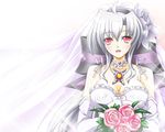  bouquet bow breasts cleavage dress elbow_gloves flower gloves hair_bow hair_flower hair_ornament jewelry large_breasts long_hair looking_at_viewer nanatsuki_(arca-nize) open_mouth pendant red_eyes smile solo sparkle upper_body veil vocaloid voyakiloid wedding_dress white_hair yowane_haku 