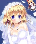  alice_margatroid bad_id bad_pixiv_id bare_shoulders blonde_hair blue_background blue_eyes blush breasts collarbone dress earrings futaba_miwa jewelry large_breasts looking_at_viewer necklace petals shanghai_doll smile solo touhou veil wedding_dress 