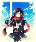  akinai_ari arms_behind_back bad_id bad_pixiv_id black_hair blush bow closed_eyes highres kagerou_project long_hair origami paper_crane red_scarf scarf school_uniform serafuku smile solo tateyama_ayano toumei_answer_(vocaloid) vocaloid window 