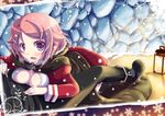  :d blush boots breast_press breasts cloak kirito lantern lisbeth looking_at_viewer lying_on_person open_mouth pink_eyes pink_hair short_hair smile snowing solo sword_art_online tougo 