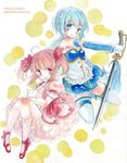  armband bad_id bad_pixiv_id blue_eyes blue_hair bow bubble_skirt cape fina_(sa47rin5) frills gloves grin hair_bow highres kaname_madoka kyubey magical_girl mahou_shoujo_madoka_magica miki_sayaka multiple_girls pink_eyes pink_hair short_twintails skirt smile sword thighhighs twintails weapon zettai_ryouiki 