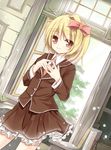  blonde_hair blush book bow hair_bow hands_together long_sleeves necktie open_window own_hands_together red_eyes rumia short_hair skirt skirt_set smile solo touhou tree window yuuhagi_(amaretto-no-natsu) 