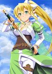  blonde_hair breasts cleavage cowboy_shot elf green_eyes holding leafa long_hair medium_breasts miri_(ago550421) pointy_ears revision scabbard sheath side_ponytail sketch smile solo sword sword_art_online unsheathing weapon white_background 