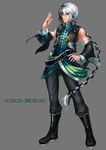  absurdres belt black_hair boots braid chinese_clothes detached_sleeves green_eyes grey_background guolu hand_on_hip highres male_focus multicolored_hair silver_hair solo tangzhuang vest vocaloid vocanese yuezheng_longya 