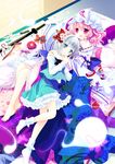  aqua_eyes arm_ribbon barefoot blue_dress blush collaboration dress floral_print flower futon ghost hair_flower hair_ornament hair_ribbon hat hinayuki_usa hug katana konpaku_youmu konpaku_youmu_(ghost) long_sleeves lying multiple_girls no_shoes on_back open_mouth pillow pink_eyes pink_hair ribbon saigyouji_yuyuko sakurazawa_izumi shirt silver_hair skirt skirt_set smile socks sword tantou tatami touhou triangular_headpiece vest weapon white_legwear wide_sleeves 