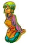  apron cyclops dark_skin green_eyes green_hair kanemaki_thomas monster_girl one-eyed original seiza short_hair sitting solo sweater turtleneck 