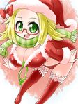  :d alternate_costume bag bel_(pokemon) blonde_hair boots bow bow_panties breasts cleavage glasses green_eyes hat large_breasts leaning_forward looking_at_viewer naitou_kouse navel open_mouth panties pokemon pokemon_(game) pokemon_bw pokemon_bw2 red_panties santa_hat scarf short_hair smile solo thigh_boots thighhighs underwear 