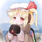  blonde_hair blush cup earmuffs flandre_scarlet gloves hat hat_ribbon holding lowres red_eyes ribbon side_ponytail smile solo touhou uhhohho wings 