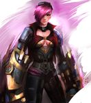  armor breasts cleavage collar deviantart_sample gauntlets goggles hair_over_one_eye image_sample jacket jang_ju_hyeon league_of_legends lips medium_breasts pink_hair red_eyes short_hair solo vi_(league_of_legends) 