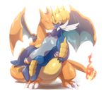  carrying charizard eyes_closed fire game_freak highres horn lowres nintendo no_humans pokemon red_eyes samurott smile wings 