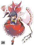  :o black_hair blush bow brown_eyes collar detached_sleeves dual_wielding frills gohei hair_bow hair_tubes hakurei_reimu holding kogawa ofuda open_mouth red_bow red_skirt ribbon-trimmed_sleeves ribbon_trim sidelocks skirt solo touhou vest white_background 