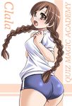  :o ass blush braid buruma clala gym_uniform looking_at_viewer open_mouth quiz_magic_academy shirt short_sleeves solo sportswear tonpuu twin_braids twintails white_shirt 