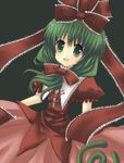  bad_id bad_pixiv_id black_background bow bowtie dress front_ponytail green_eyes green_hair hair_bow kagiyama_hina looking_at_viewer puffy_short_sleeves puffy_sleeves red_bow red_dress red_neckwear shawl short_hair short_sleeves simple_background solo touhou yukishiro_mafuyu 