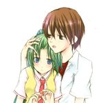  1girl artist_request blue_eyes blush brown_eyes brown_hair chin_rest couple green_hair hetero higurashi_no_naku_koro_ni maebara_keiichi ponytail sonozaki_mion 