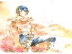  akutsu_(yuumi) blue_hair cloak flower male_focus simon smile solo tengen_toppa_gurren_lagann 