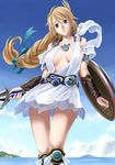  armor armored_dress belt blonde_hair blue_eyes braid breasts cloud day dress earrings hair_ornament hair_ribbon jewelry long_hair medium_breasts panties ribbon ryou_(pixiv22748) see-through shield sky sophitia_alexandra soulcalibur sword underwear weapon 