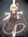  blonde_hair cross fang hair_ribbon necktie red_eyes red_neckwear ribbon rumia short_hair solo touhou uiru 