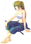  arm_support bad_id bad_pixiv_id bandages barefoot cigarette green_hair higurashi_no_naku_koro_ni katana long_hair midriff pink_eyes ponytail saeki_poteri sarashi sitting smoking solo sonozaki_mion sword weapon 