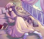  bed book hat iiru long_hair patchouli_knowledge purple_hair ribbon socks solo touhou 