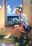  absurdres bag barefoot blonde_hair cloud day green_eyes headphones highres original ponytail shadow shirt sitting skirt sky soaking_feet solo water watering_can yukimi 