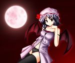  adapted_costume babydoll bare_shoulders black_panties blush collarbone full_moon hat lingerie looking_at_viewer miyabi_itsuki mob_cap moon panties remilia_scarlet short_hair silver_hair solo strap_slip thighhighs touhou underwear vampire 