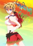  a_zumi_anzu back bad_id bad_pixiv_id bandages beads belt blonde_hair blue_eyes breasts chrono_cross crop_top facial_mark gloves hand_on_hip high_ponytail jewelry kid_(chrono_cross) looking_back medium_breasts midriff miniskirt multi-tied_hair necklace no_bra ponytail skirt smile solo sunset torn_clothes underboob 