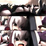  6+girls aspis clone fangs gourd hoplite inubashiri_momiji lowres multiple_girls oekaki orange_eyes parody phalanx shield sword touhou tsubasa_(abchipika) weapon white_hair 