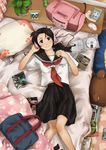  bed black_hair cd headphones listening_to_music long_hair lying original school_uniform serafuku solo tamaru_tokihiko 