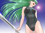  competition_swimsuit copyright_request from_below green_eyes green_hair ikuta_kaoru long_hair non-web_source one-piece_swimsuit pole solo swimsuit 