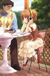  1girl absurdres bose brown_hair chair closed_eyes digital_media_player eretto father_and_daughter headphones highres ipod original red_footwear ribbon shoes skirt smile sweater_vest 