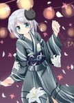  bag bagged_fish fish floral_print flower goldfish green_eyes japanese_clothes kimono lily_(flower) makino_(ukiuo) mask sanya_v_litvyak short_hair silver_hair solo strike_witches world_witches_series yukata 