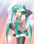  detached_sleeves green_eyes green_hair hatsune_miku headset koni long_hair necktie one_eye_closed solo thighhighs twintails vocaloid 