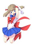  alternate_costume azuma_yukihiko back_bow bishoujo_senshi_sailor_moon blue_eyes blue_sailor_collar blue_skirt blush boots bow brown_hair cosplay elbow_gloves full_body gloves haruka_(pokemon) jumping knee_boots magical_girl no_bandana no_headwear parody pokemon red_bow ribbon sailor_collar sailor_moon sailor_moon_(cosplay) sailor_senshi_uniform simple_background skirt solo white_background white_gloves 