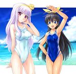  :d animal arm_up armpits beach bird black_hair blue_eyes bow breasts cameltoe caustics cloud competition_swimsuit covered_navel covered_nipples day ganaha_hibiki hair_bow hairband head_tilt hidebou idolmaster idolmaster_(classic) idolmaster_1 lavender_hair long_hair looking_at_viewer medium_breasts multiple_girls ocean one-piece_swimsuit open_mouth outdoors ponytail purple_eyes shijou_takane shiny shiny_hair shiny_skin sky small_breasts smile swimsuit water wet 