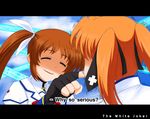  bad_id bad_pixiv_id batman_(series) bow closed_eyes cloud day dc_comics fake_screenshot fingerless_gloves gloves kusumo_(kungsu2) lyrical_nanoha magical_girl mahou_shoujo_lyrical_nanoha_strikers multiple_girls orange_hair parody red_bow red_hair shaded_face short_twintails smile takamachi_nanoha teana_lanster the_dark_knight the_joker trembling twintails white_devil why_so_serious you_gonna_get_raped 