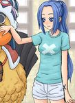  artist_request bird blue_eyes blue_hair carue duck lowres nefertari_vivi one_piece petting ponytail shirt shorts smile t-shirt 