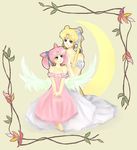  bare_shoulders bishoujo_senshi_sailor_moon blonde_hair chibi_usa crescent double_bun dress gown long_hair mother_and_daughter multiple_girls pink_hair princess_serenity short_twintails small_lady_serenity strapless strapless_dress tsukino_usagi twintails wings 