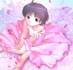  blush collarbone dress from_above idolmaster idolmaster_(classic) idolmaster_1 kikuchi_makoto knees_together_feet_apart looking_at_viewer misagi_nagu petals pink_dress rose_petals solo 