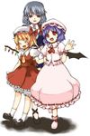  ankle_ribbon azuki_akizuki bat_wings blonde_hair flandre_scarlet full_body grey_hair izayoi_sakuya laughing mary_janes multiple_girls one_side_up purple_hair red_eyes remilia_scarlet ribbon shoes short_hair siblings sisters skirt skirt_set smile socks standing talking touhou wings 