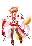  absurdres animal_ears carnelian fox_ears green_eyes highres japanese_clothes meirin_(yamibou) scan short_hair solo tail thighhighs yami_to_boushi_to_hon_no_tabibito 