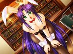 animal_ears bow bowtie breasts bunny_ears bunnysuit cleavage dutch_angle game_cg green_eyes large_breasts leaning_forward long_hair mizutani_chiharu non-web_source open_mouth pantyhose purple_hair shimizu_naotaka solo tottemo_harem 